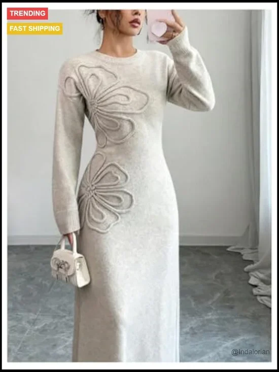 3D Floral Appliques Knit Sweater Dress Crewneck Long Sleeve Flared - Picture 4 of 5